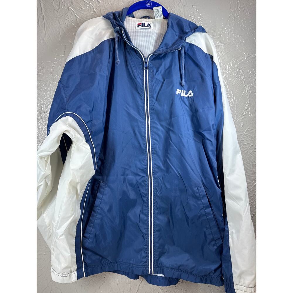 Fila Full Zip 100% Polyester Hooded Windbreaker‎ Blue White Mens Size XL